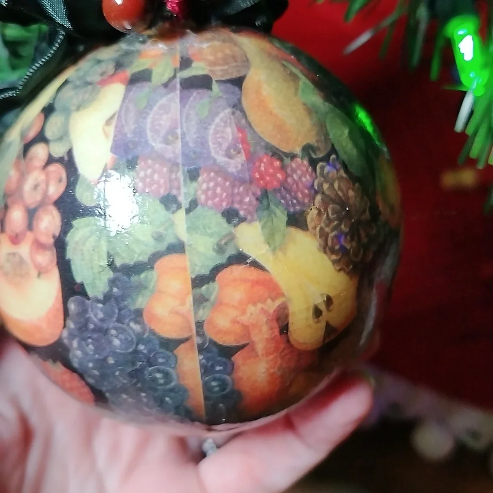 Ball Christmas Ornament with fruit print on it